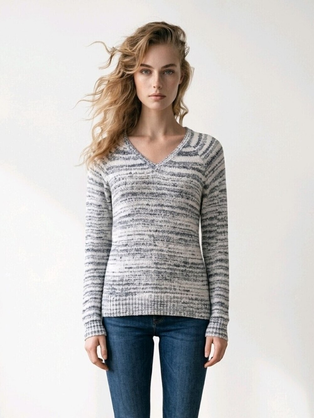Eileen Fisher Blurred Marled Cotton Stripe V Neck Casual Sweater Size PL